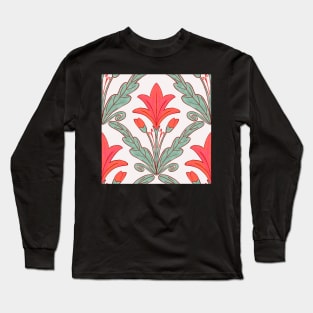 Regency style modern floral damask medallion pattern in deep melon red and sage green Long Sleeve T-Shirt